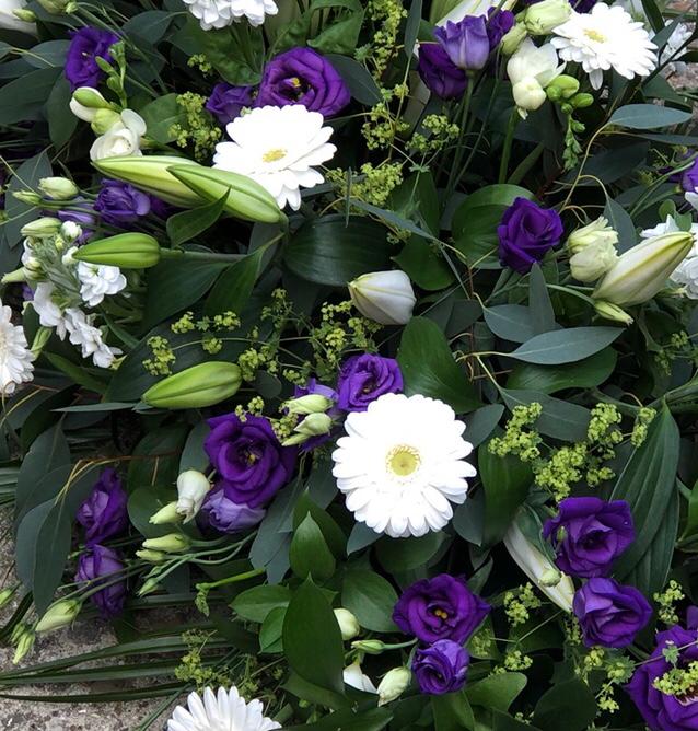 Purple and White Casket Spray